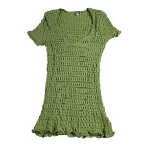 WOW Couture Knit‎ Top V-Neck Short Sleeve Smocked Green Medium
